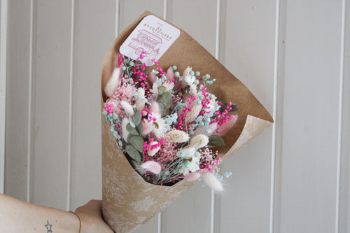 Bouquet sec bleu et rose pâle - Poussière de fée