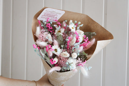 Bouquet sec bleu et rose pâle - Poussière de fée